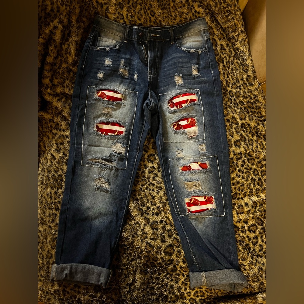 ✨🏈 BRAND NEW Distressed Blue Jeans with Red Football patches